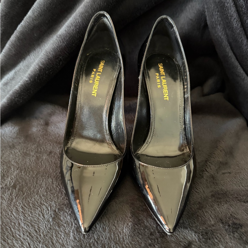 Saint Laurent Black Patent Pointed-Toe Stiletto Pumps Size 36 1/2 - Picture 2 of 8